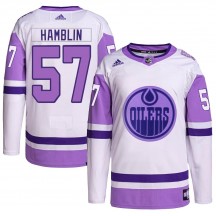 Youth Adidas Edmonton Oilers James Hamblin White/Purple Hockey Fights Cancer Primegreen Jersey - Authentic