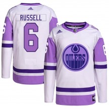 Men's Adidas Edmonton Oilers Kris Russell White/Purple Hockey Fights Cancer Primegreen Jersey - Authentic