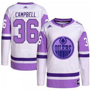 Youth Adidas Edmonton Oilers Jack Campbell White/Purple Hockey Fights Cancer Primegreen Jersey - Authentic