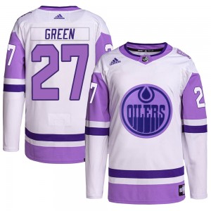 Youth Adidas Edmonton Oilers Mike Green White/Purple Hockey Fights Cancer Primegreen Jersey - Authentic