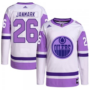 Youth Adidas Edmonton Oilers Mattias Janmark White/Purple Hockey Fights Cancer Primegreen Jersey - Authentic