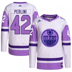 Youth Adidas Edmonton Oilers Brendan Perlini White/Purple Hockey Fights Cancer Primegreen Jersey - Authentic