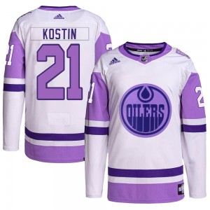 Men's Adidas Edmonton Oilers Klim Kostin White/Purple Hockey Fights Cancer Primegreen Jersey - Authentic