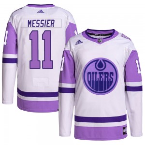 Men's Adidas Edmonton Oilers Mark Messier White/Purple Hockey Fights Cancer Primegreen Jersey - Authentic