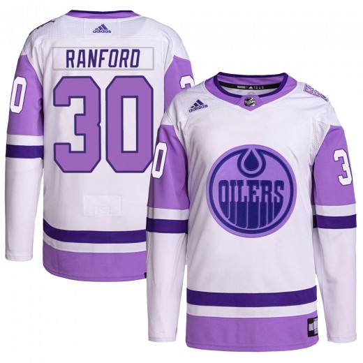 Youth Adidas Edmonton Oilers Bill Ranford White/Purple Hockey Fights Cancer Primegreen Jersey - Authentic