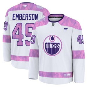Youth Fanatics Edmonton Oilers Ty Emberson White 2024 Hockey Fights Cancer Practice Jersey - Premium