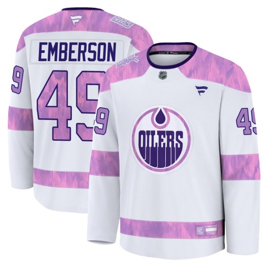 Men's Fanatics Edmonton Oilers Ty Emberson White 2024 Hockey Fights Cancer Practice Jersey - Premium