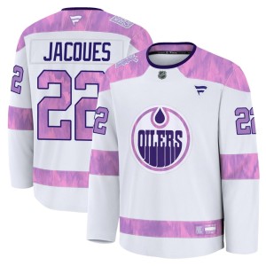 Men's Fanatics Edmonton Oilers Jean-Francois Jacques White 2024 Hockey Fights Cancer Practice Jersey - Premium