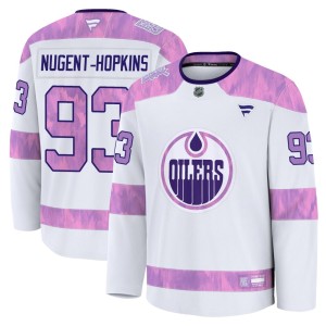 Men's Fanatics Edmonton Oilers Ryan Nugent-Hopkins White 2024 Hockey Fights Cancer Practice Jersey - Premium